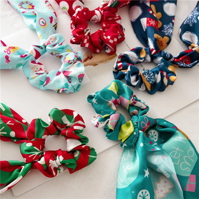 Santa Claus Bows Hair Scrunchies Long ribbon Ponytail Scarf  Hair Tie Women Girls Elastic Hair Bands Christmas Hair Accessories