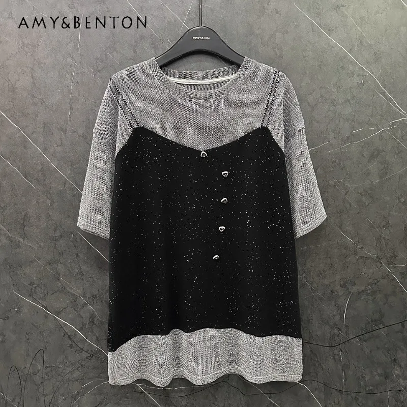 

Fake Two-piece Splicing Diamond Drills Shiny Short-sleeved T-shirt Women's 2025 Summer New Design Loose Fashion Y2k Top Tshirts
