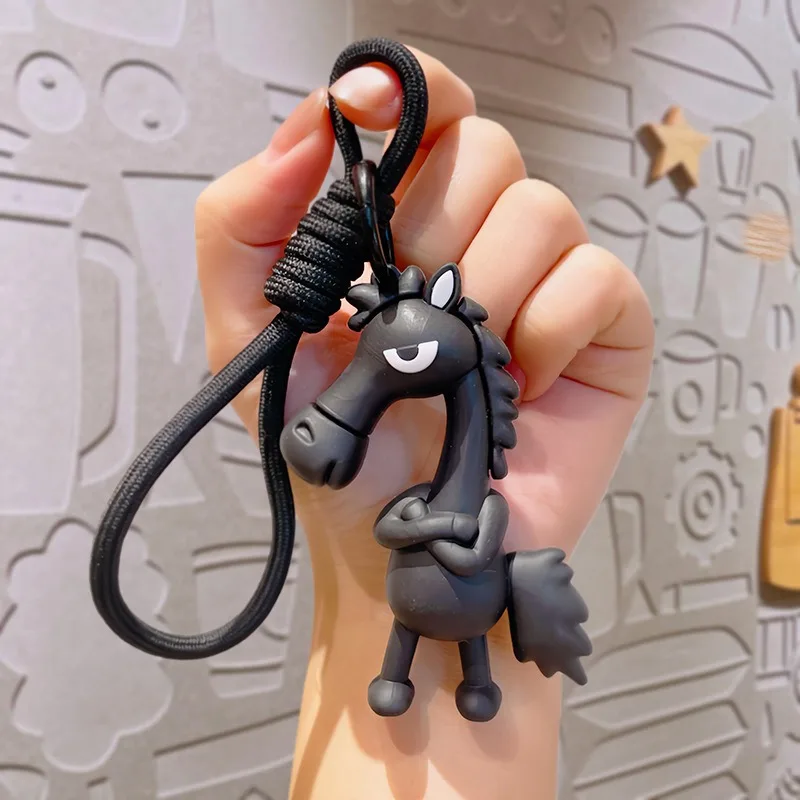 LLavero de caballo exquisito llavero de caballo de dibujos animados estilo de fantasía con bufanda Pony artesanía negra simulación caballo niños