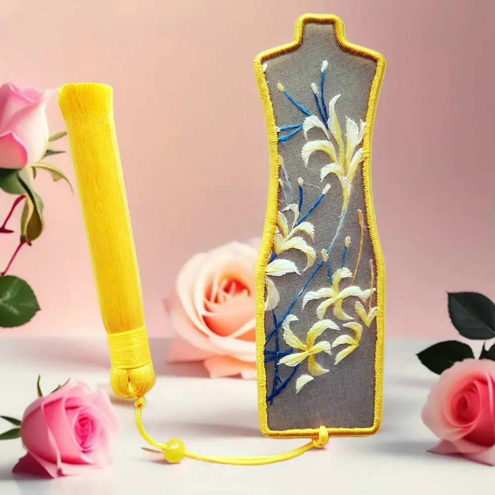 

Oriental Yellow Hand Embroidered Pendant With Special Cheongsam Shape Design & Tassels Hanging Cord Luck Charm Gift Traditional