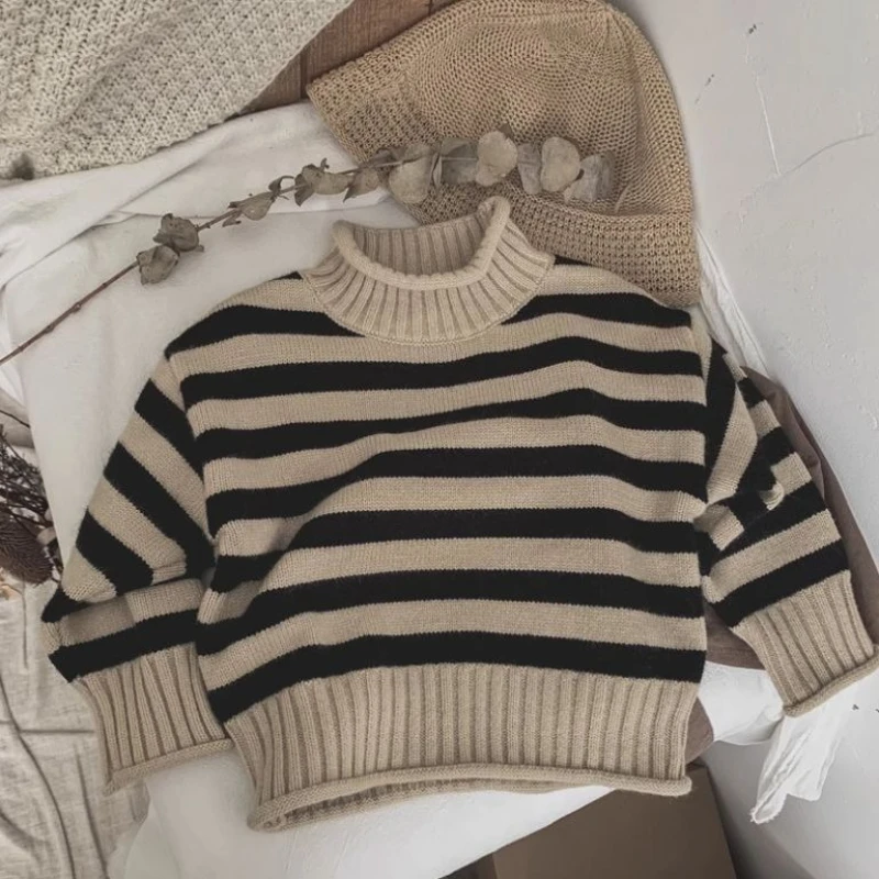 Kids Striped Sweater Autumn Winter Loose Half Turtleneck Pullover Top Unisex Baby Knitwear Korean Style Fashion Warm Jumper