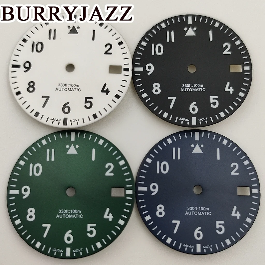 Burryjazz 29มม. ไม่มีโลโก้นาฬิกา NH35หน้าปัดสีดำสีน้ำเงินสีเขียวหน้าปัดสีขาวสีเขียวเรืองแสง