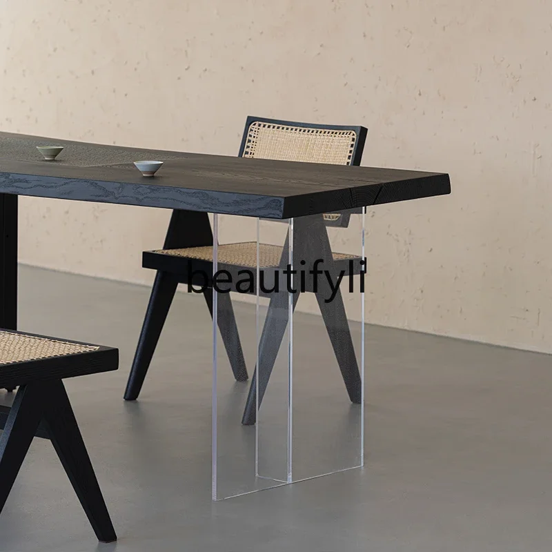 Wabi Stillwind solid wood large board tea table acrylic suspended tea table ash wood black carbonized tea table