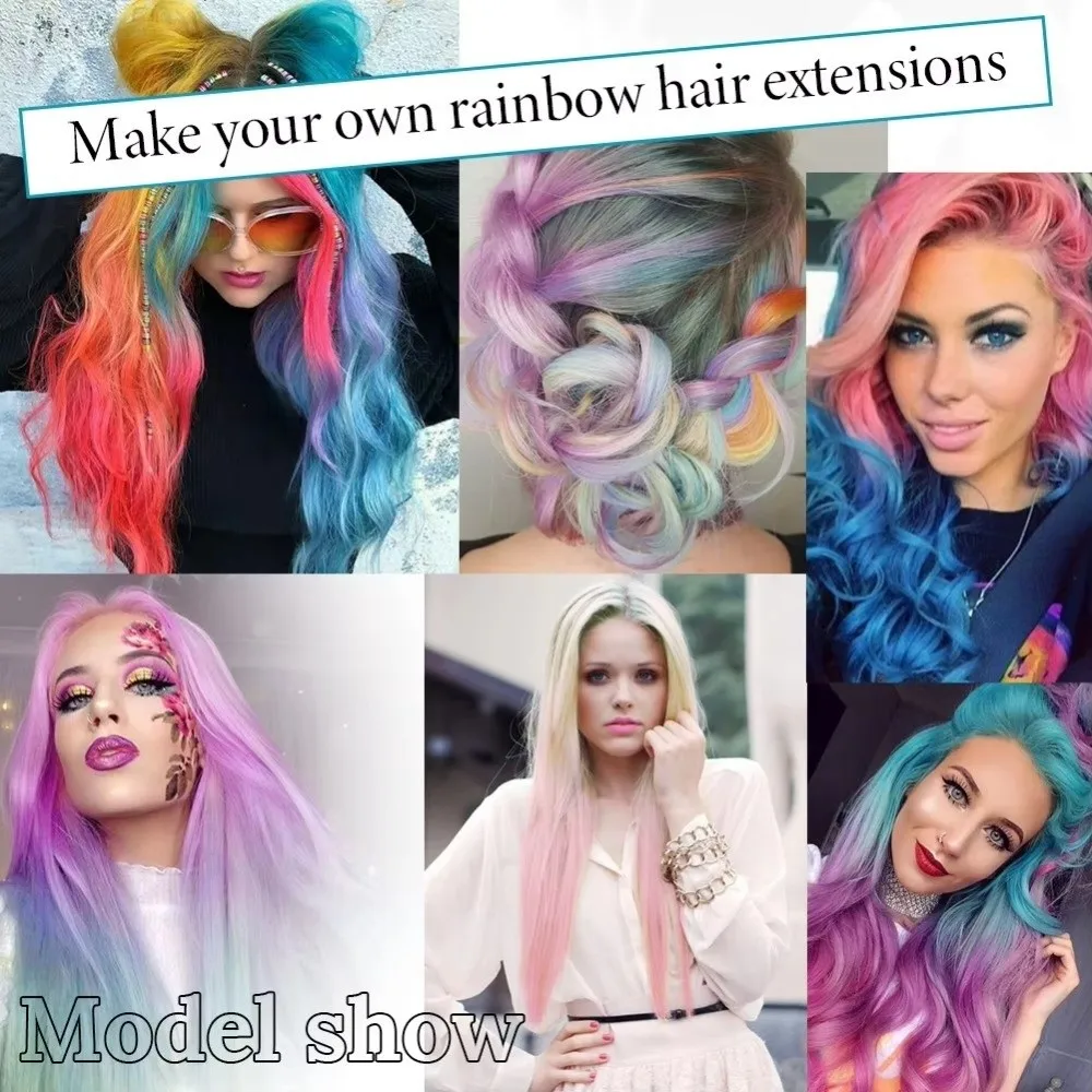 Fashion Synthetic Clip in Hair Extensions Rainbow Colorful Long Straight Wig Hairpieces 22 Inches Wig Hair Accessories Girls