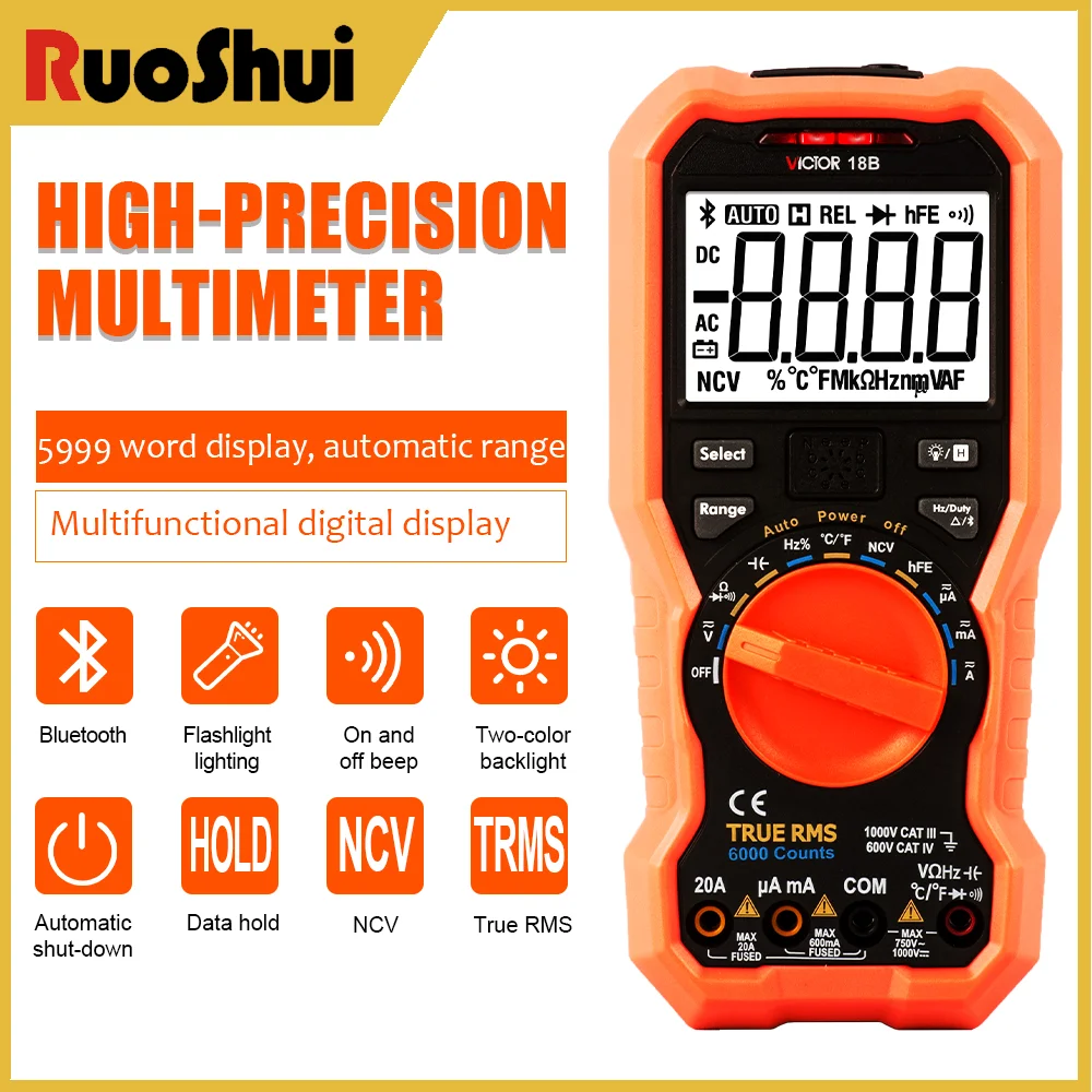 

Victor 18A/18B Multimeter 5999 Counts Auto Range Intelligent Bluetooth Suitable For PC And Android Phones AC/DC 60mF Tester