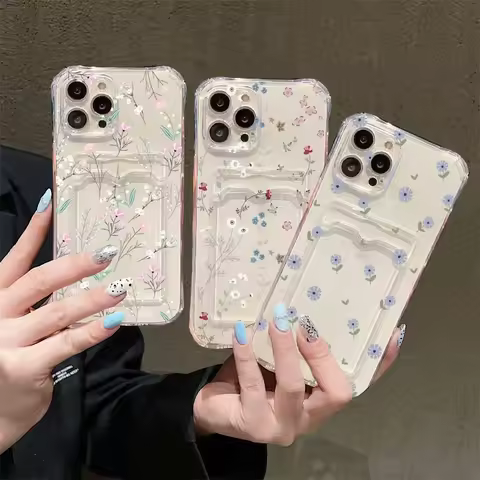 Flower Clear Phone Case For Samsung Galay A55 A54 A14 A24 A34 A15 A25 S24 Ultra S22 Plus S23 S21 FE Wallet Card Bag Holder Cover