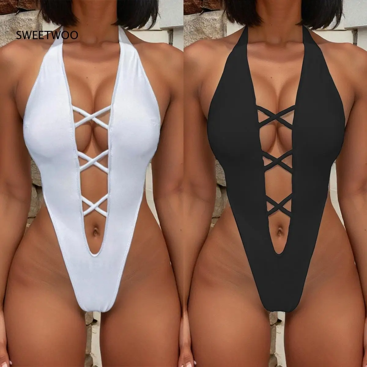 Deep V Front Crisscross Lace Up Halter High Cut Thong One Piece Swimsuit Black White Two Solid Colors For Women Beachwear