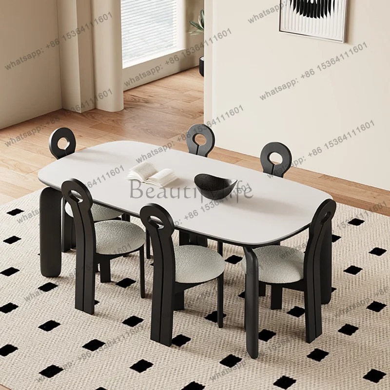 Retro solid wood dining table rectangular modern simple home wabi sandy wind creative matte pure white slate