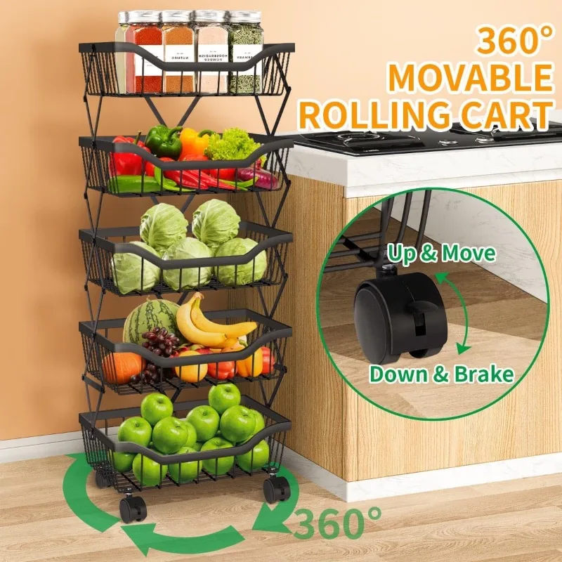 Fruit Vegetable Storage Basket 5 Tiers Fruit Basket Kitchen Cart with Wheels Vegetable Storage Holder for Veggie, Black