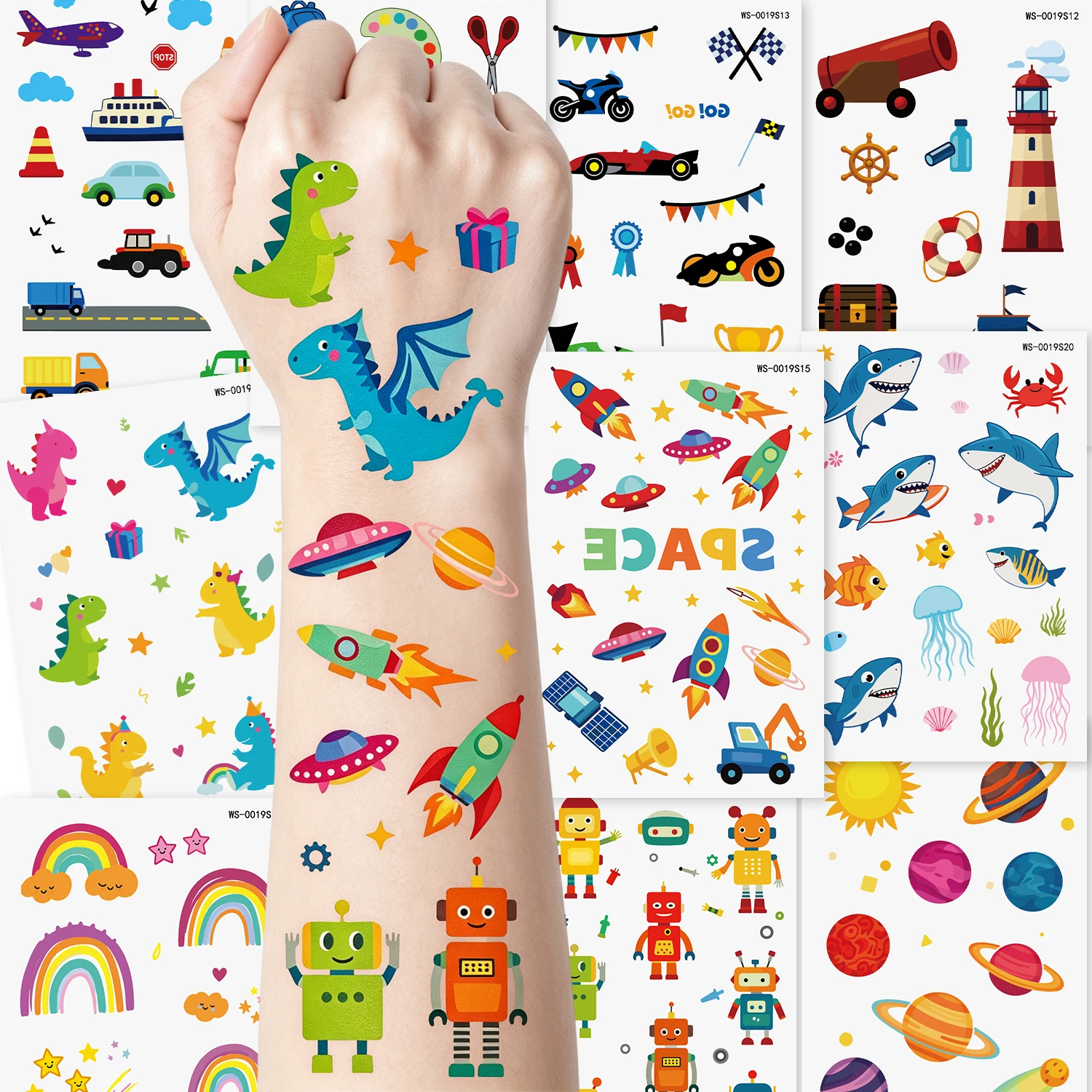 10Pcs Cartoon Temporary Tattoo Stickers Robot Space Rocket Dinosaur Car Pirate Ship Tattoos Waterproof Removable Body Art Decor*