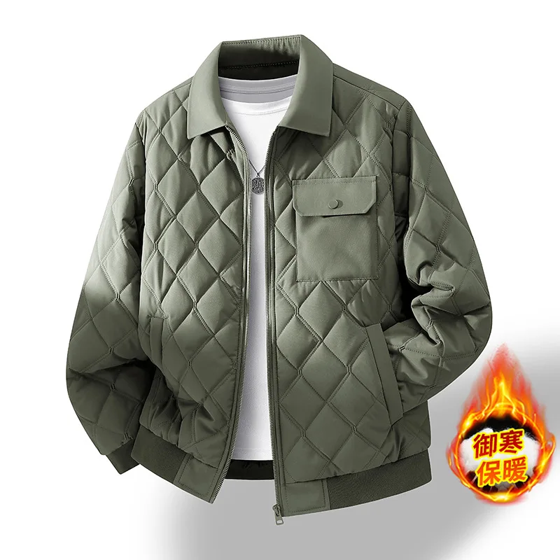 Men's Large Diamond Grid Thick Cotton Jacket with Baseball Collar for Autumn Winter Added Fat Warm Cotton Jacket