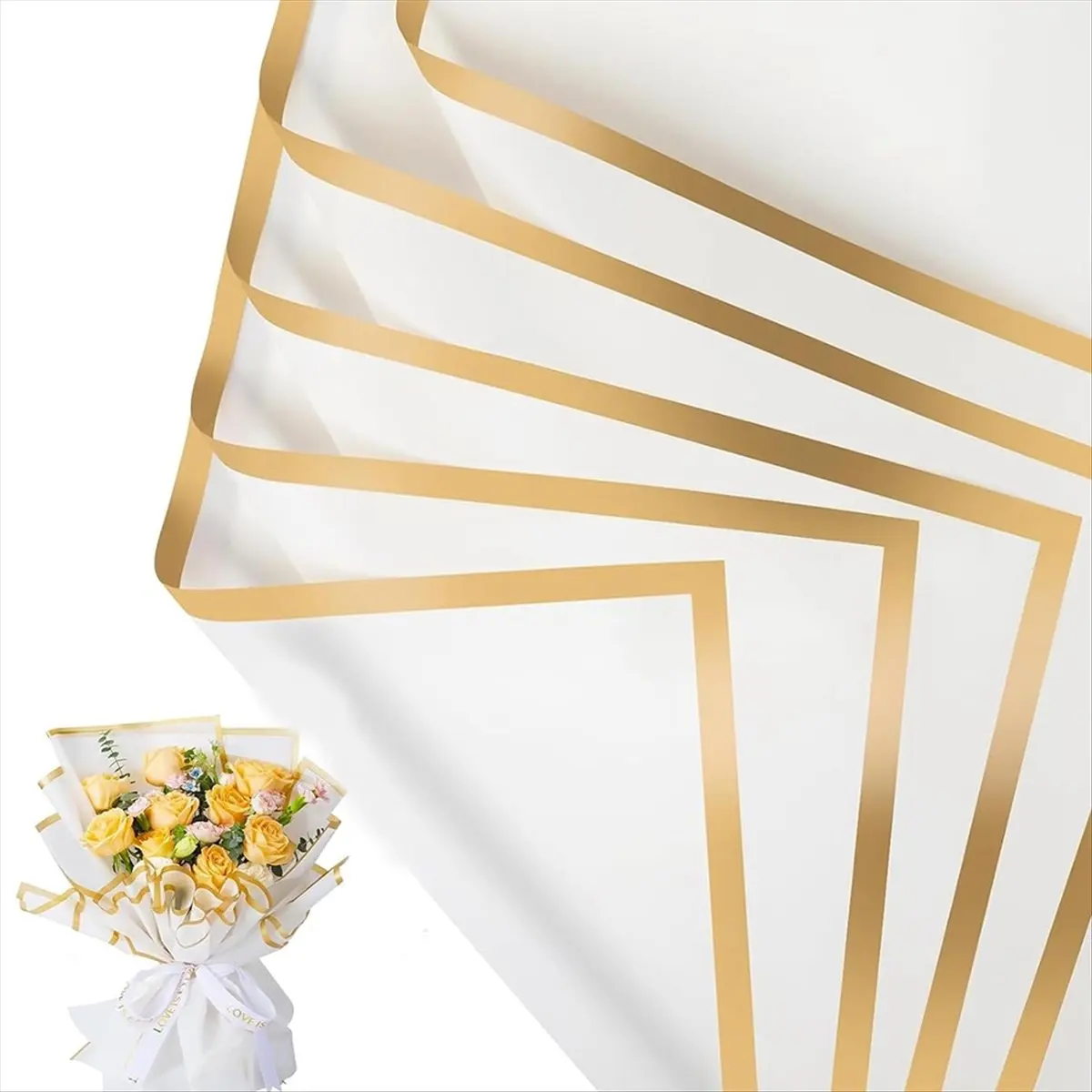 FTGT-20 Sheets Flower Wrapping Paper 22.8x22.8 Inch, Waterproof Floral Bouquet Wrapping Paper Gold Edge Bouquet Supplies