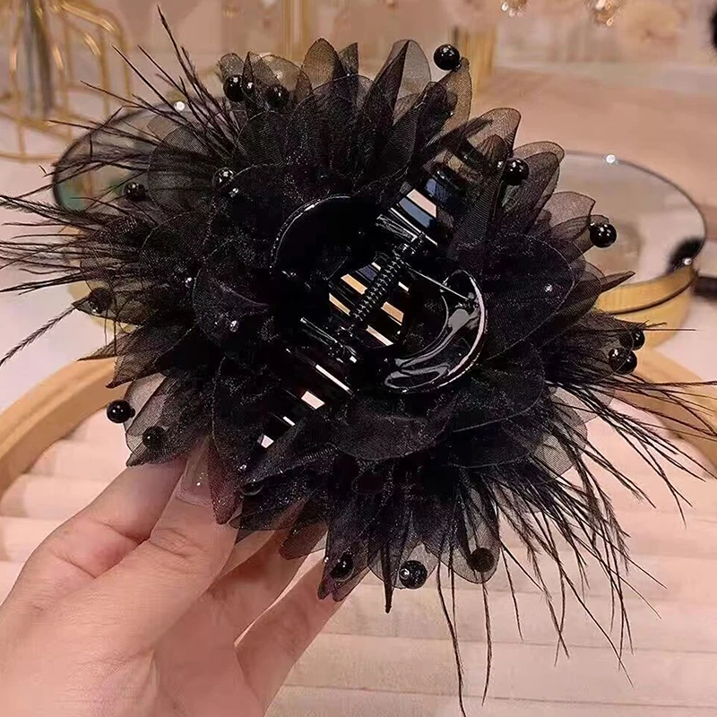 Clip de agarre de plumas, accesorios para el cabello de lujo ligeros de alto valor, temperamento de perla de Organza, placa trasera de la cabeza, Clip de tiburón para el cabello