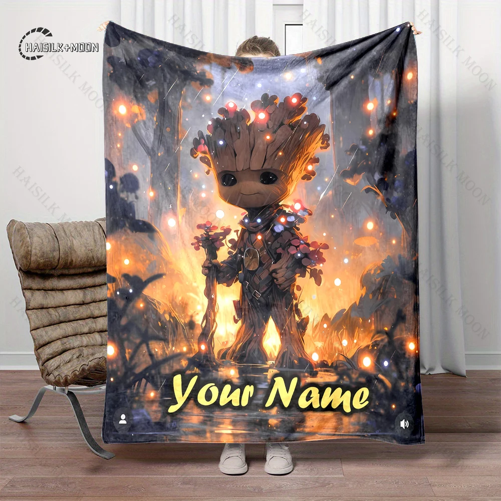 1PC Custom Name Marvel Groot Printed Blanket, All-Season Multi-Use for Nap, Camping, Travel, Car ,sofa Machine Washable