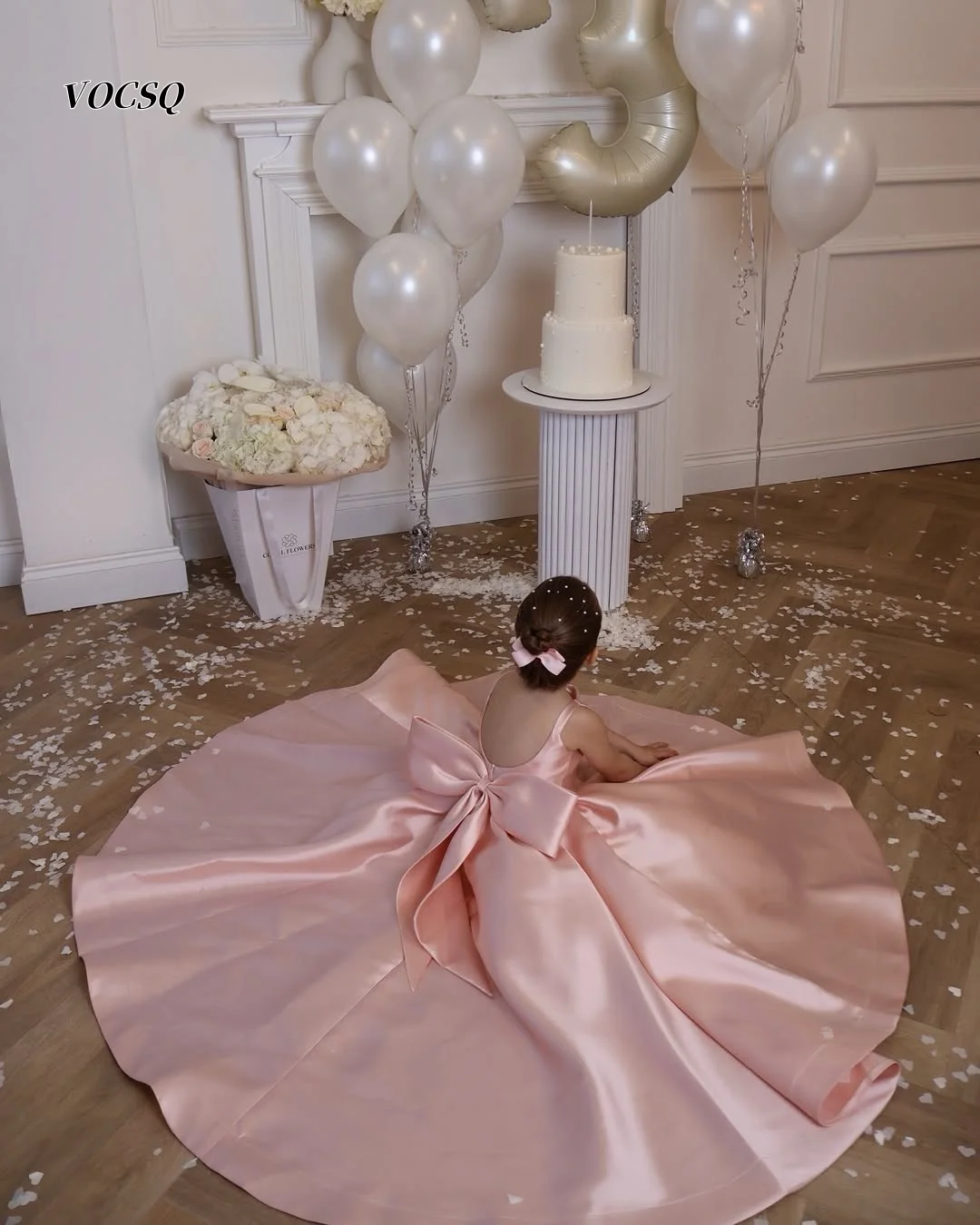 Flower Girl Dress Pink Satin V Back Oversized Bow Spaghetti Strap Long Train Kids Formal Birthday Party Gown Customized