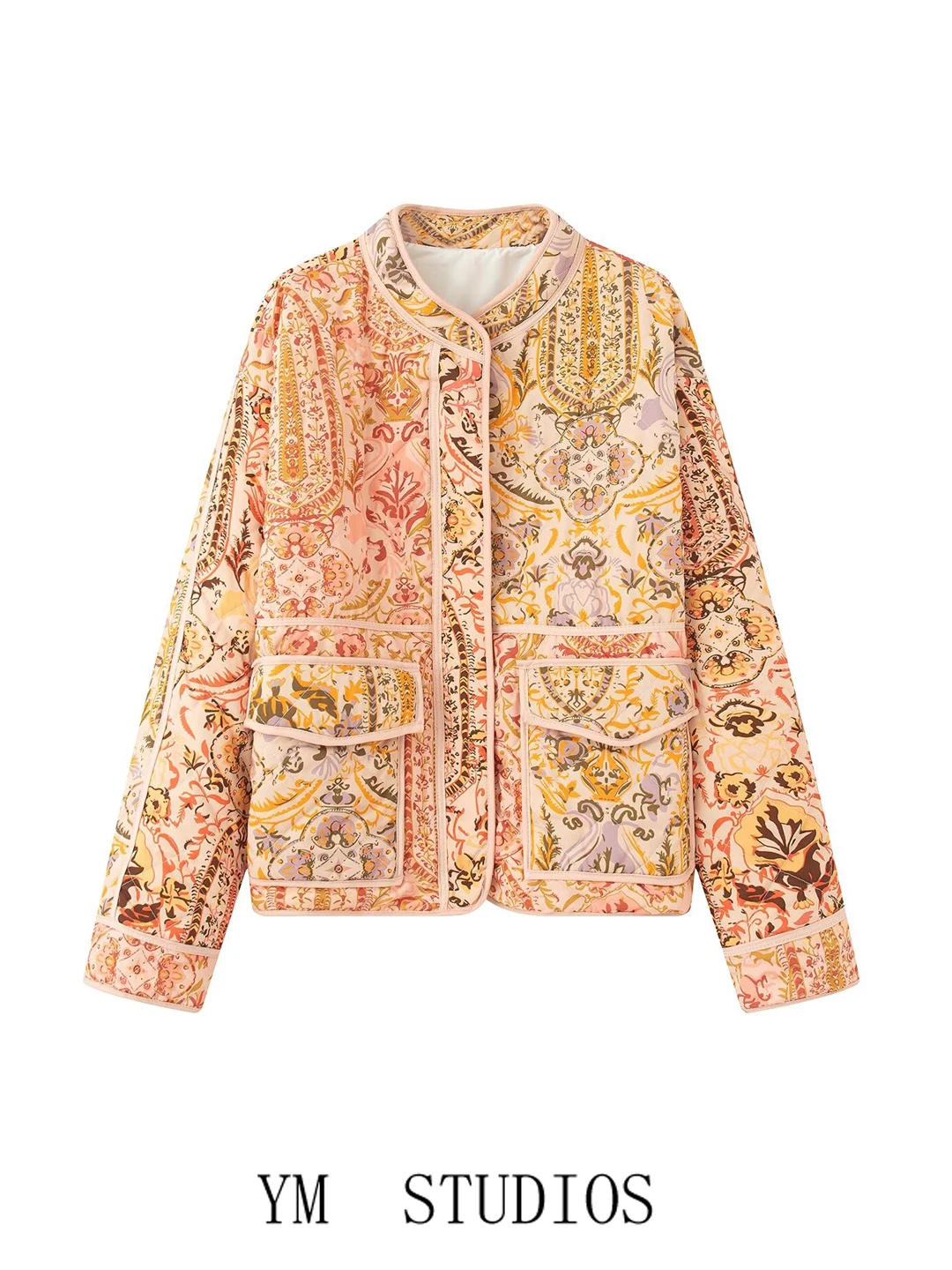 

Women's Ethnic Vintage Floral Light Loose round Ne Cotton Jaet Autumn Winter Faionable Small Cotton Coat Thin Model