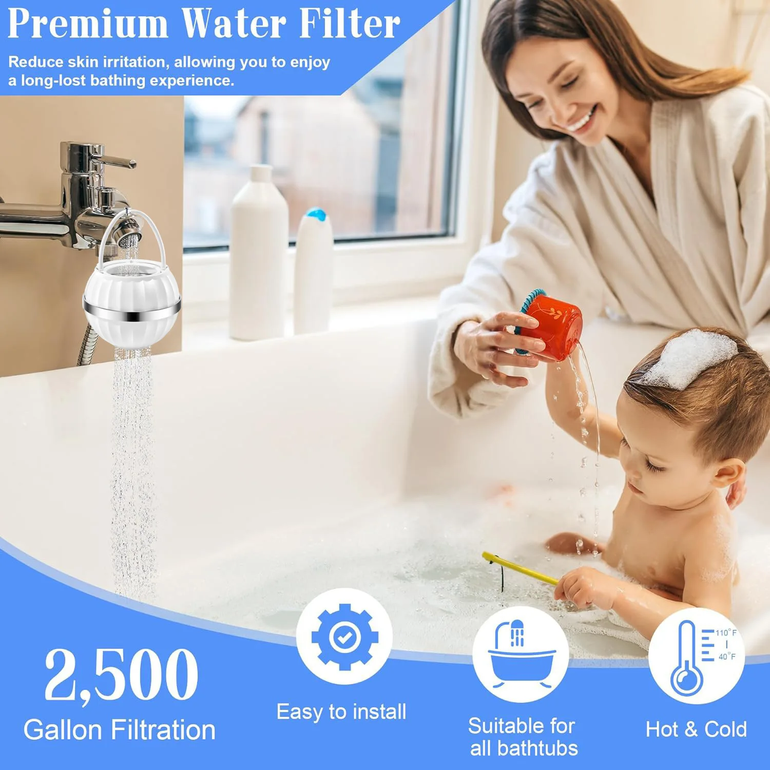 

PP Material Portable Hanging Shower Filter - Water Purifier for Tub Faucet Bathtub (Improve Water Quality)