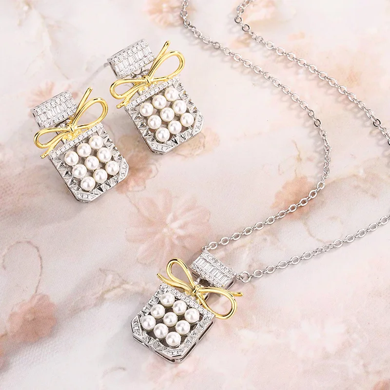 

Pearl Set Bowknot S925 Silver Needle Earrings Clavicle Chain Women's Versatile Fresh Sweet