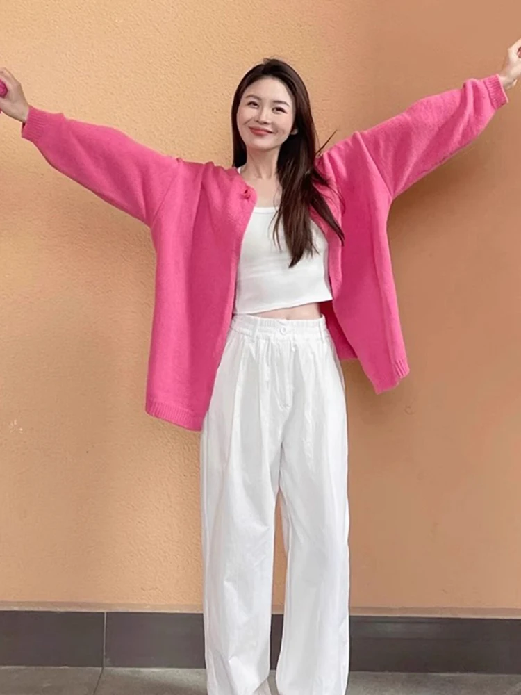 

Raspberry Pink Knitted Sweater Jacket Women's Loose Fit One Button Cardigan Spring Autumn Fashion Long Sleeve Regular Length