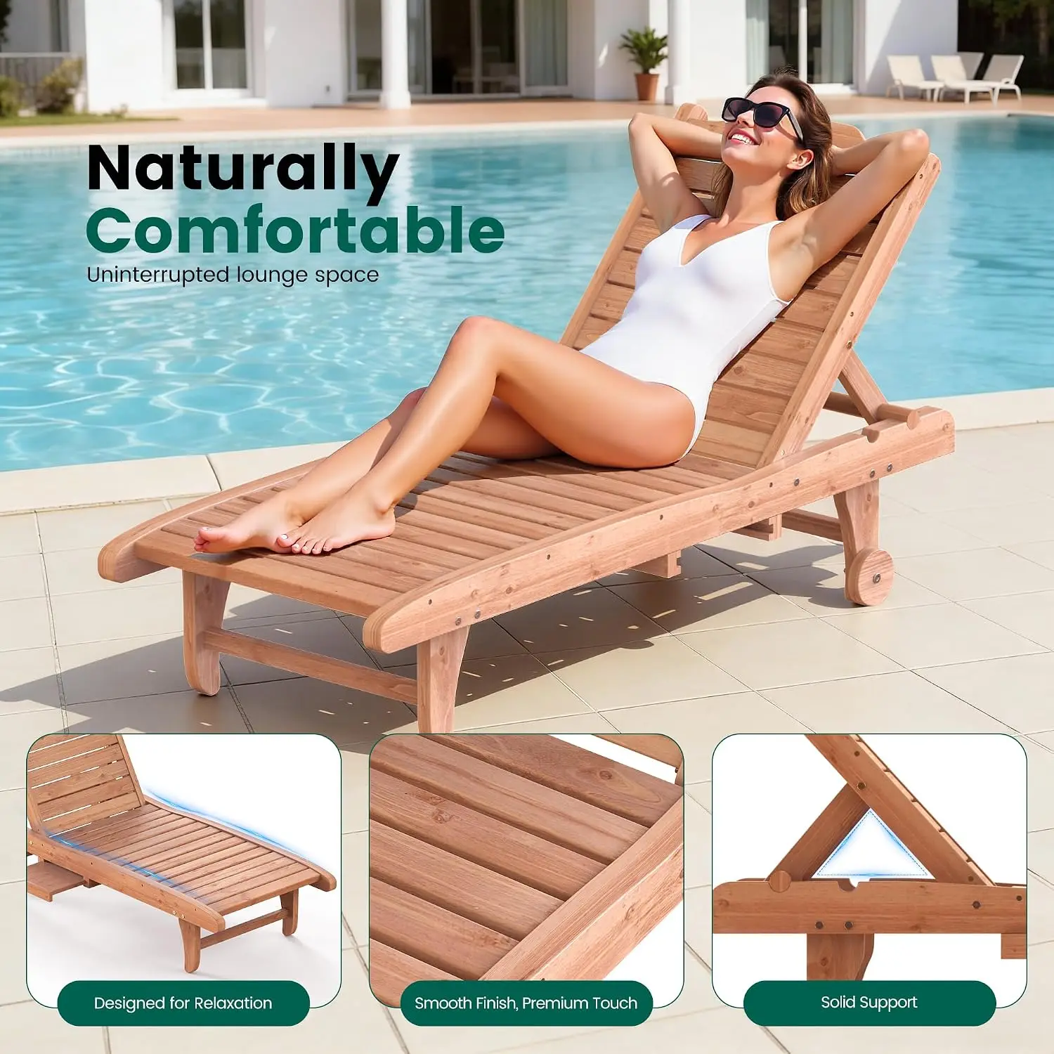 Wooden Lounge Chair, 3-Position Adjustable Outdoor Tanning Chair with Side Tray & Wheels, Pool Patio Sun Chair, Customized