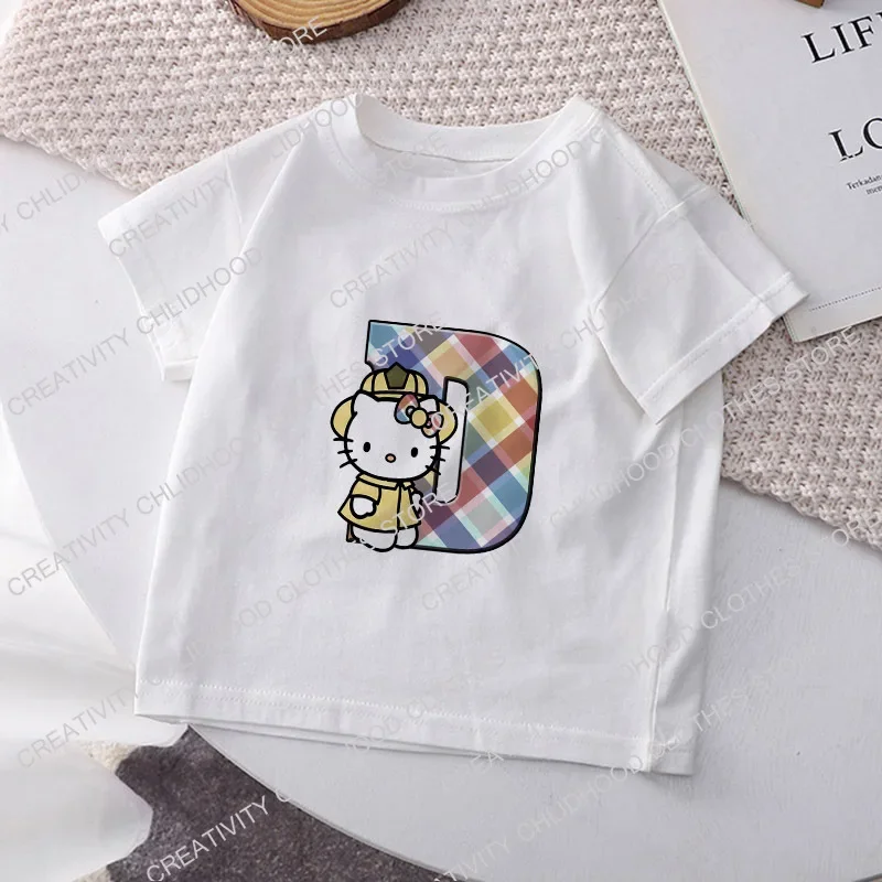 Camiseta de HelloKittys para niños, letra A, B, C, D... Camisetas de dibujos animados de Anime para niños, ropa informal Kawaii para niños, Tops para niñas, ropa