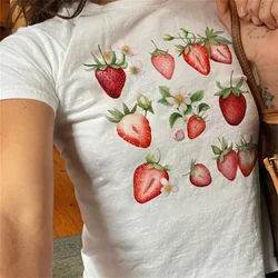 Cherry Strawberry top women crew neck soft fabric elegant tshirt girl manga clothes