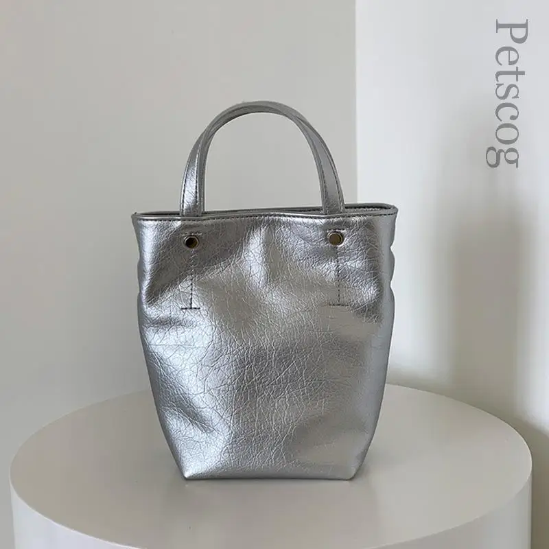 Luxury Handbags For Women 2023 New Silver Glossy Pu Leather Soft Bucket Bag Fashion Trend Ladies Shoulder Bag Casual Top-handle