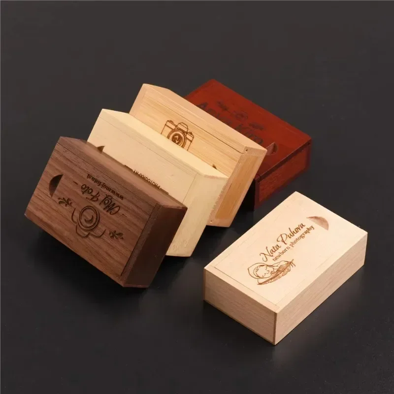 1pcs Free Engraved Logo Solid Wood Storage Boxes With Sliding Top for For Ring Gift Box USB Commemorative Storage Wooden Case