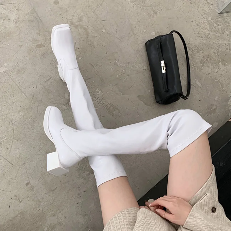 Square Toe Women Over The Knee Stretch Boots Black White Thick Mid Heels Autumn Spring Sock Boots Elastic Botas Slip On Botas