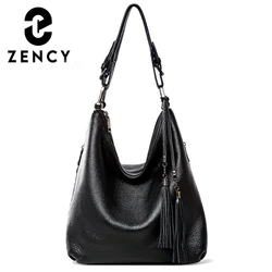 Zency Fashion Women Shoulder Bag 100% Genuine Leather Daily Casual Shopping Hobos Classic Black Tote Handbag Crossbody Bags