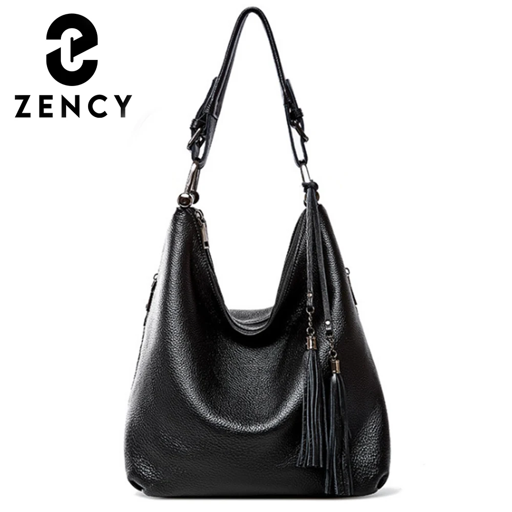 Zency Fashion Damska Torba na Ramię 100% Skóra Naturalna Codzienna Torba na Zakupy typu Hobo Klasyczna Czarna Torba Tote Torba na Ramię Przez Ramię