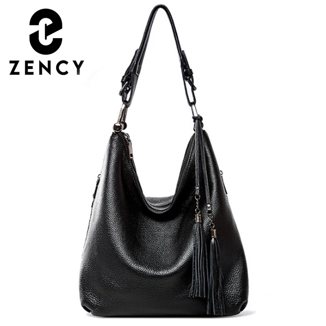 Zency Fashion Damska Torba na Ramię 100% Skóra Naturalna Codzienna Torba na Zakupy typu Hobo Klasyczna Czarna Torba Tote Torba na Ramię Przez Ramię