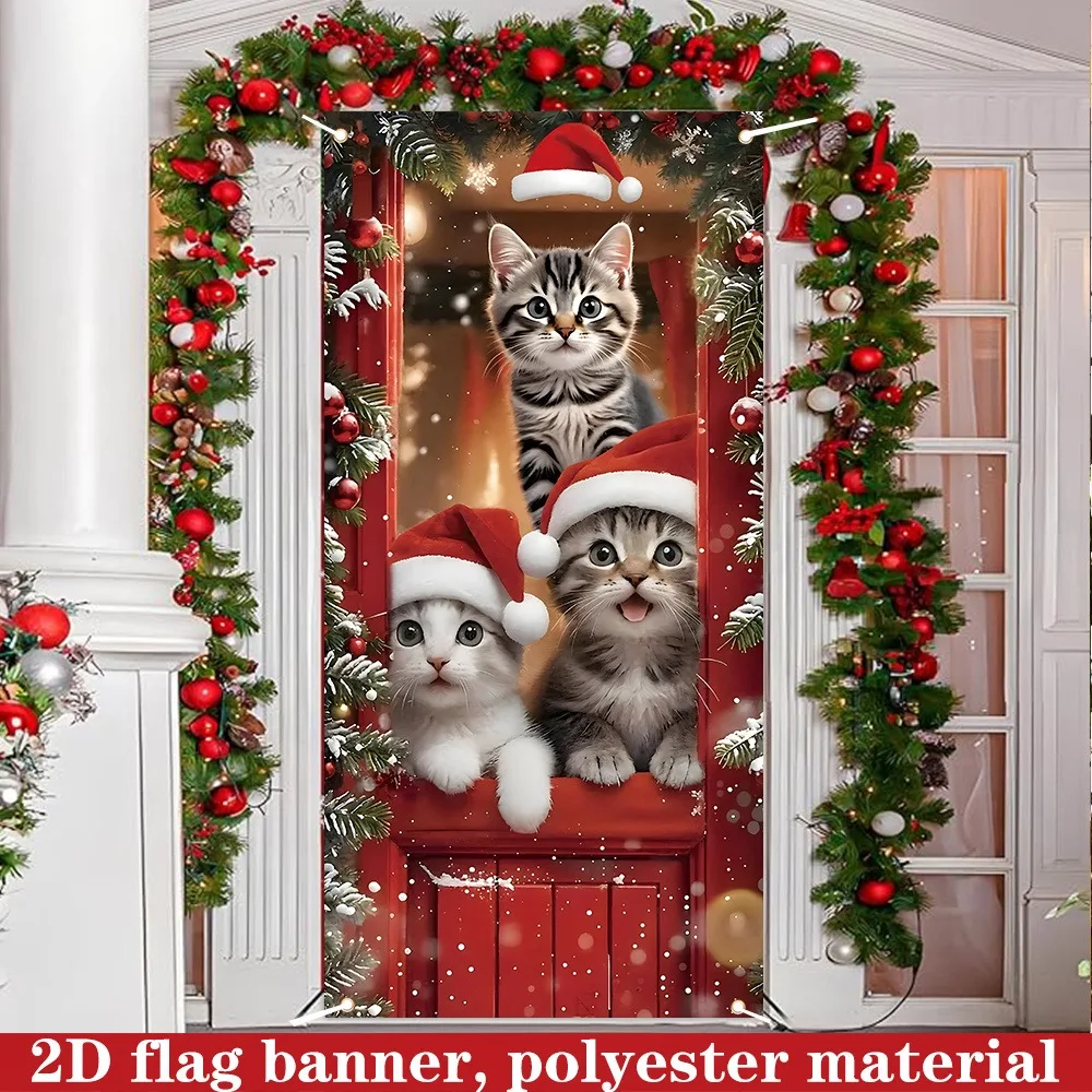 Custom 2D Flat Christmas Door Banner, Cat With Christmas Hat Pattern  Polyester Door Cover Flag, Xmas Home Party Decor