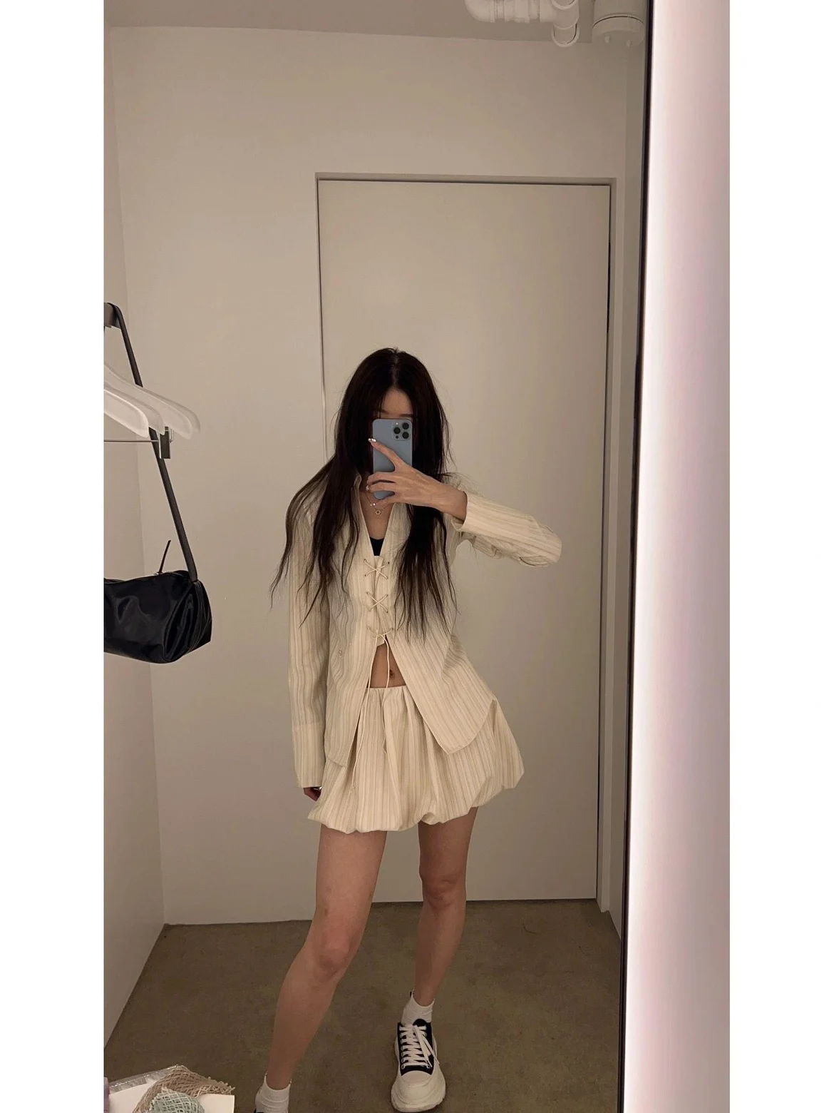 

Женский комплект: рубашка в полоску с эффектом тай-дай и короткая юбка-фонарик в корейском стиле, модная одежда в стиле INS, хлопок/полиэстер