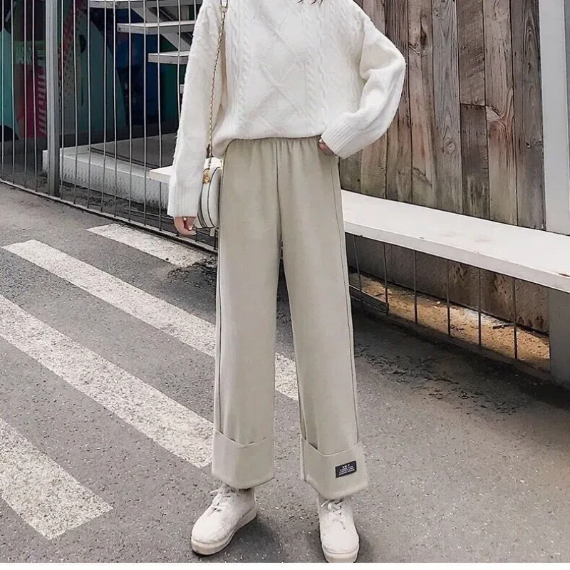 Korean Version 2024 New Women's Autumn Winter Spliced Elasticized High-waisted Pocket Fashion Solid Color Loose Casual Pants