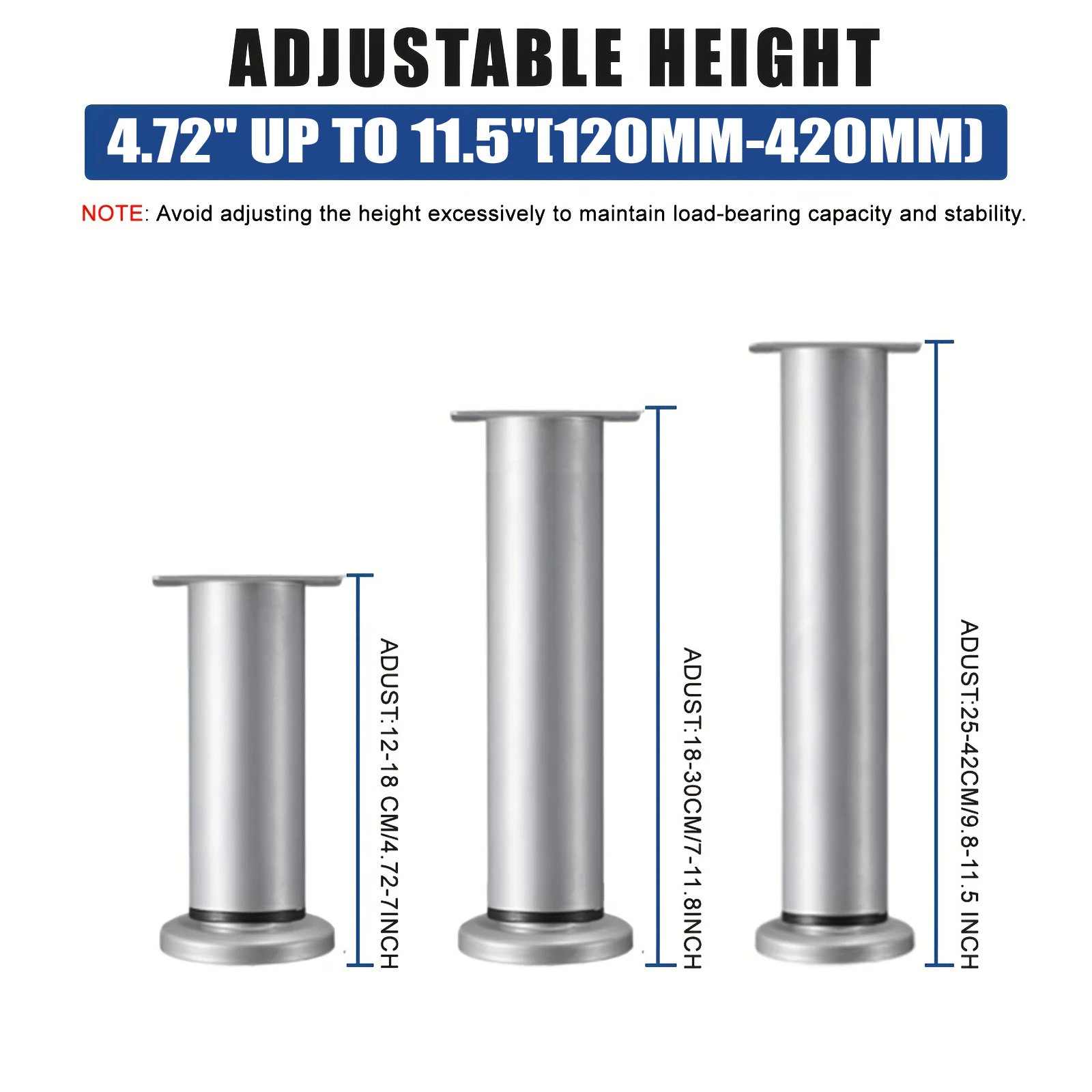 Heavy Duty Adjustable Furniture Legs - Tool-Free Height Adjustment (4.72" to 16.5" /12-42cm), Sturdy Metal Construction image 3