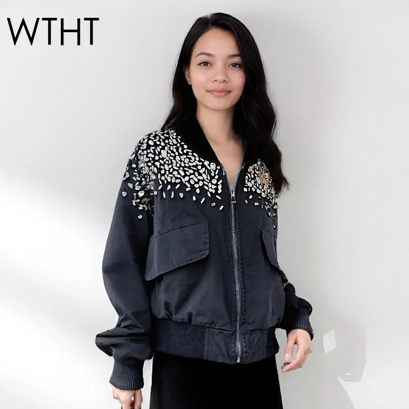 

WTHT 2026 Fashion New Women's Heavy Industry Diamonds Baseball Jersey Trend Stand Collar Long Sleeves Jacket Female 1LS2807