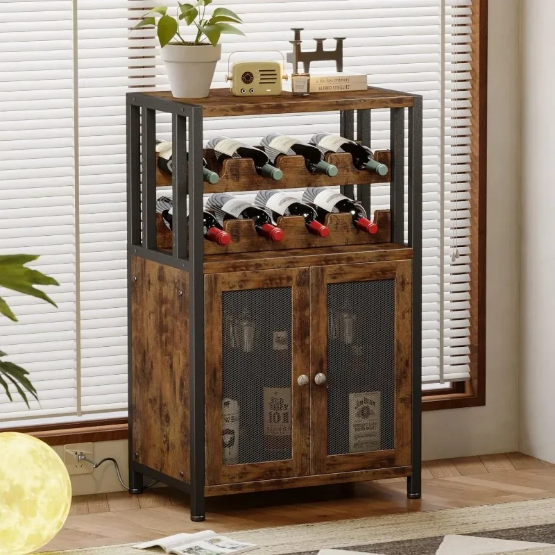 Armoire de bar à vin avec poignées amovibles, porte-verre T1, café de ferme, port USB, lumières LED