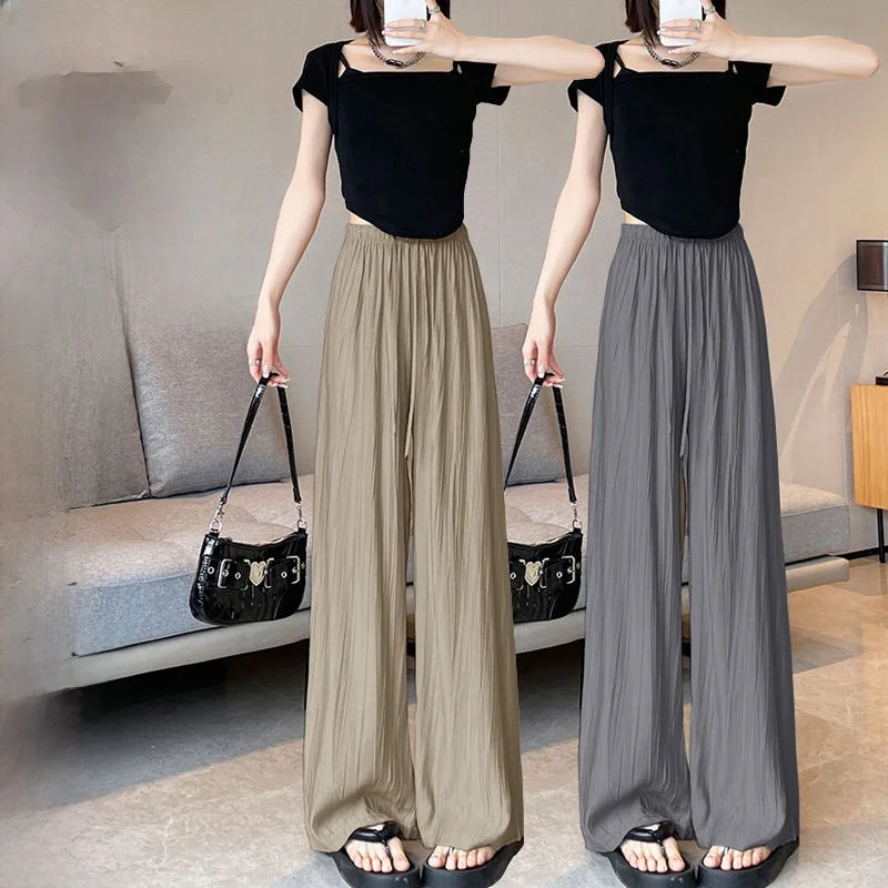 

Ice Silk Wide Leg Pants Women's Thin High Waist Draped Casual Lazy Sambon Straight Fairy Cool Pants Commute Style Artistic