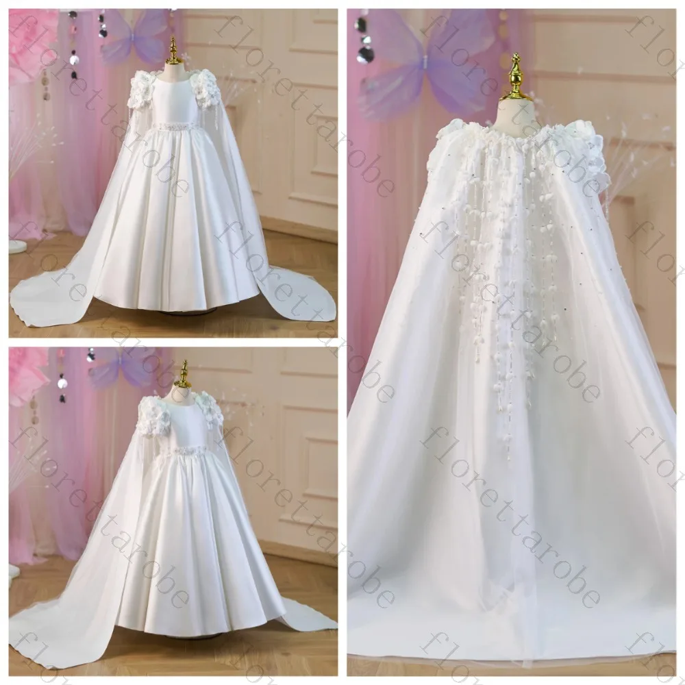 Customized White Luxury Satin Cape Style Long Flower Girl Dress Round Neck 3D Flower Bead Casual Kids Birthday Party Prom Gown
