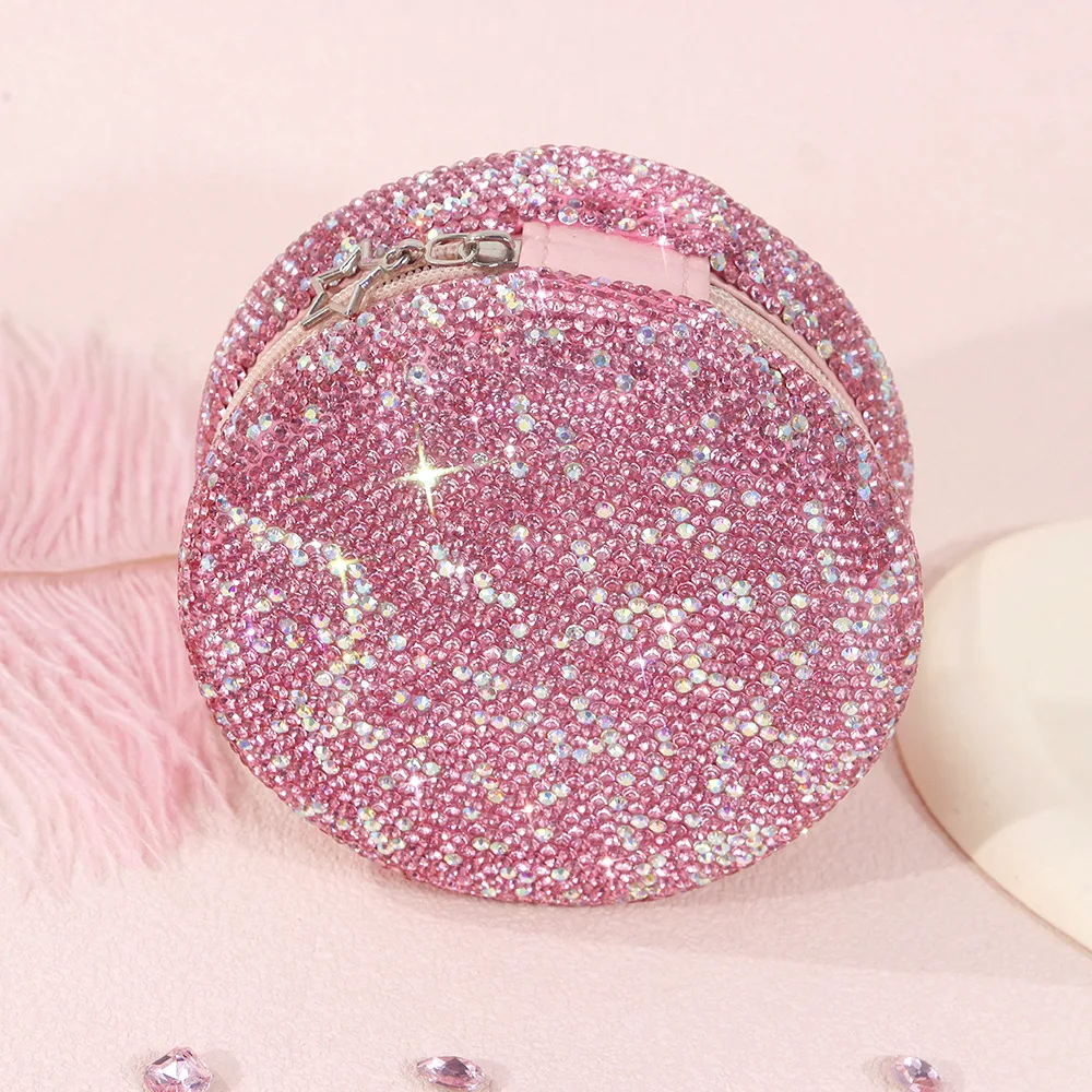 High End Pink Rhinestone Circular Mini Jewelry Box Necklace Earrings Display Jewel Storage Carrying Case for Women Birthday Gift