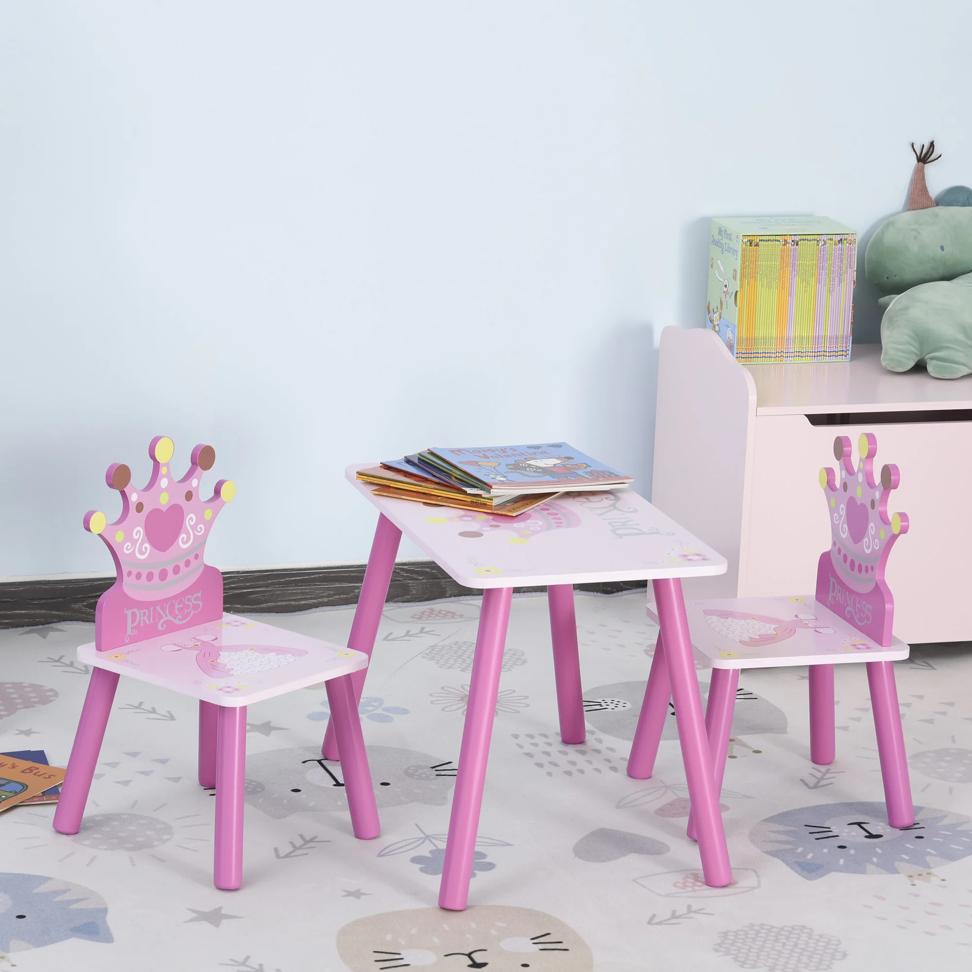 

Triple Piece Collection Children's Wood Table Seat With Crown Pattern Ideal For Toddlers Playroom Bedroom And Creative Activitie
