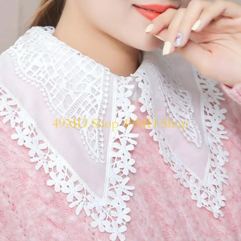 49MD Women Korean Double Layer Large Lapel False Fake Collar Sweet Hollow Out Floral Lace Decorative Detachable Half