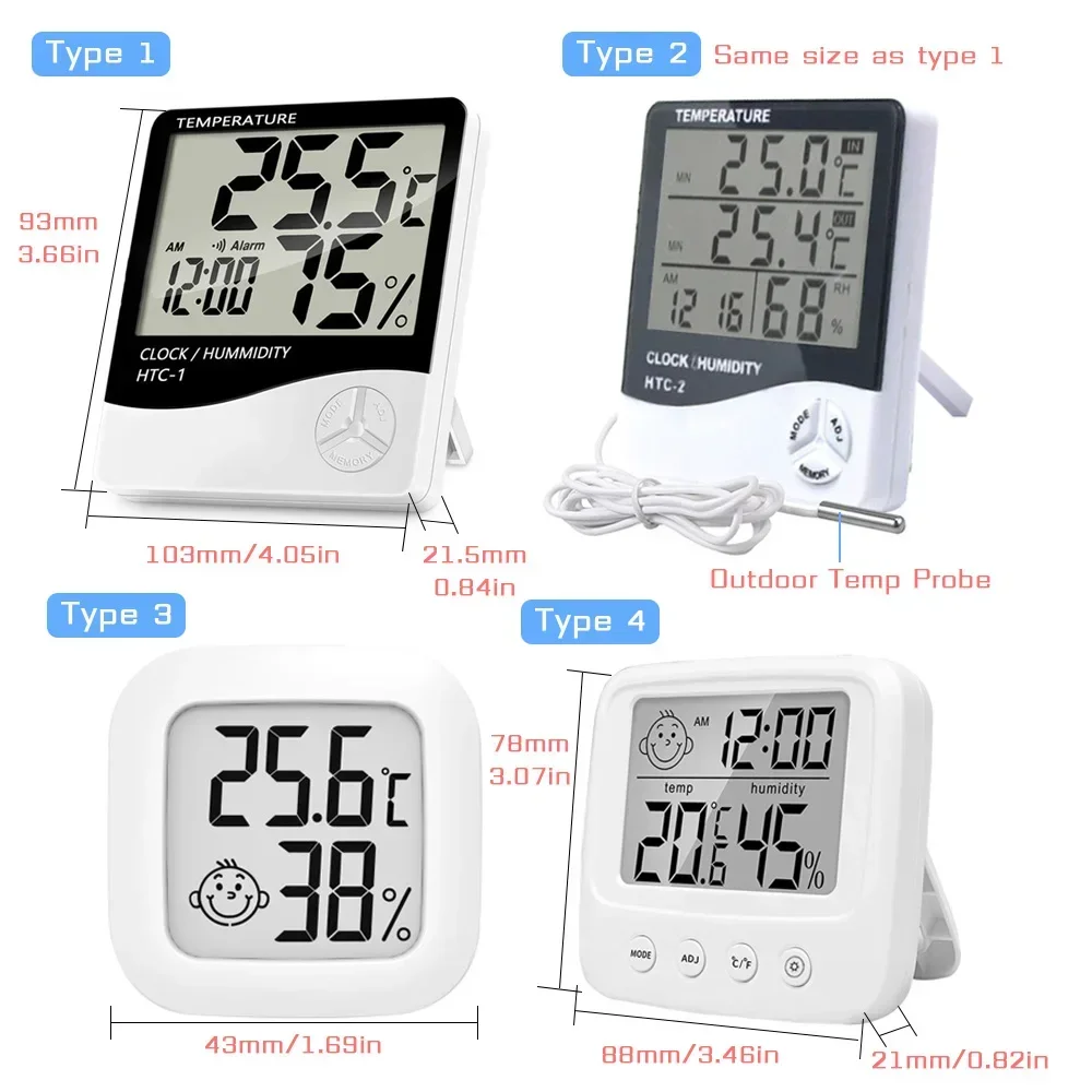 Termómetro Electrónico LCD para interiores y exteriores, higrómetro con reloj despertador, Monitor de humedad meteorológica para el hogar
