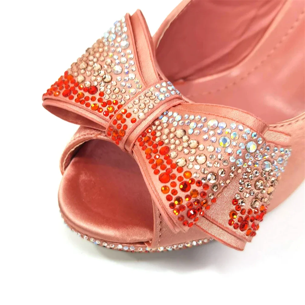 Venus Chan-Peach Color Rhinestone Bow Peep Toe Sapatos de salto alto para mulheres, bolsa elegante, sapatos de festa de casamento, 2022