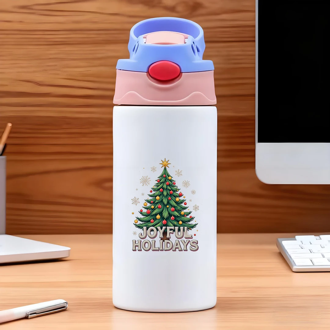 Isolierter Becher aus Edelstahl 304, Cartoon-Weihnachtsbaum-Aufkleber, Strohbecher-Set, Weihnachtsgeschenkset für Kinder, gemütlich und Jo