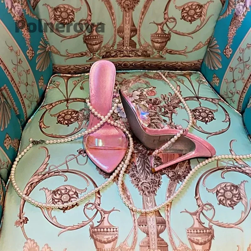 Pearl Chain Pvc Sandals Women Sweet Lovely Pink High Heeled Summer Shoes Color Luxury Elegant Large Size Strappy Sandals