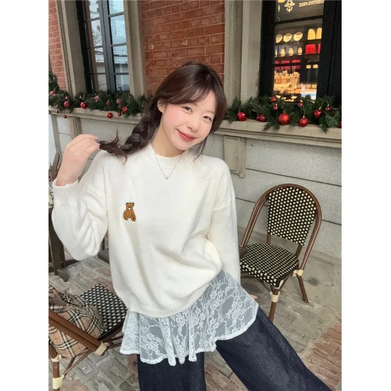 Korean Sle Long Sve Embroidered Bear Knitwear Women's Loose Fit Overhead Winter Sweater Slimming Versatile Casual Top