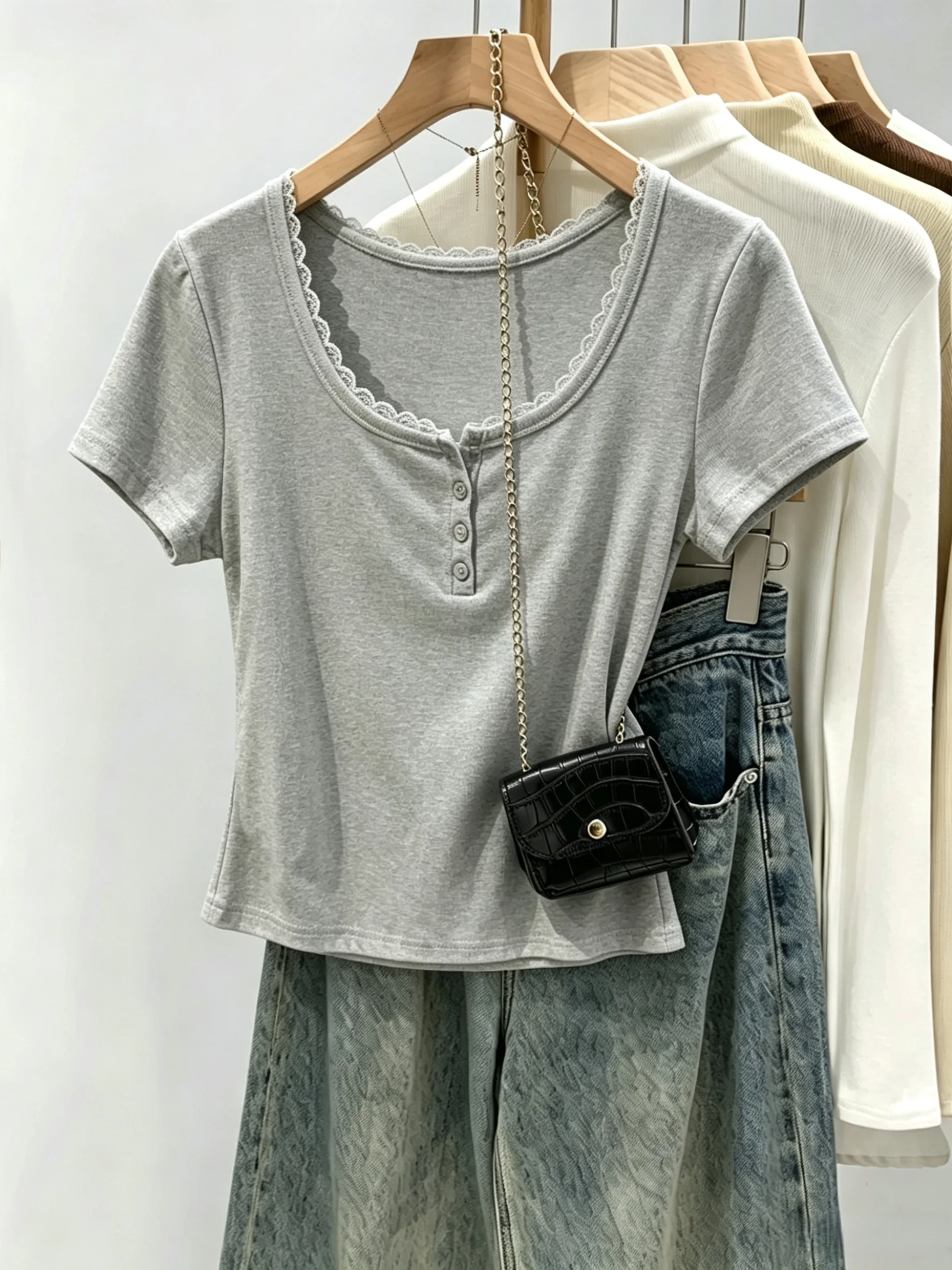 

Summer Lace Short Sleeve T-Shirt Women's Button up Square Neck Slim Fit Shoulder Appropriate Cotton Polyester Blend Top