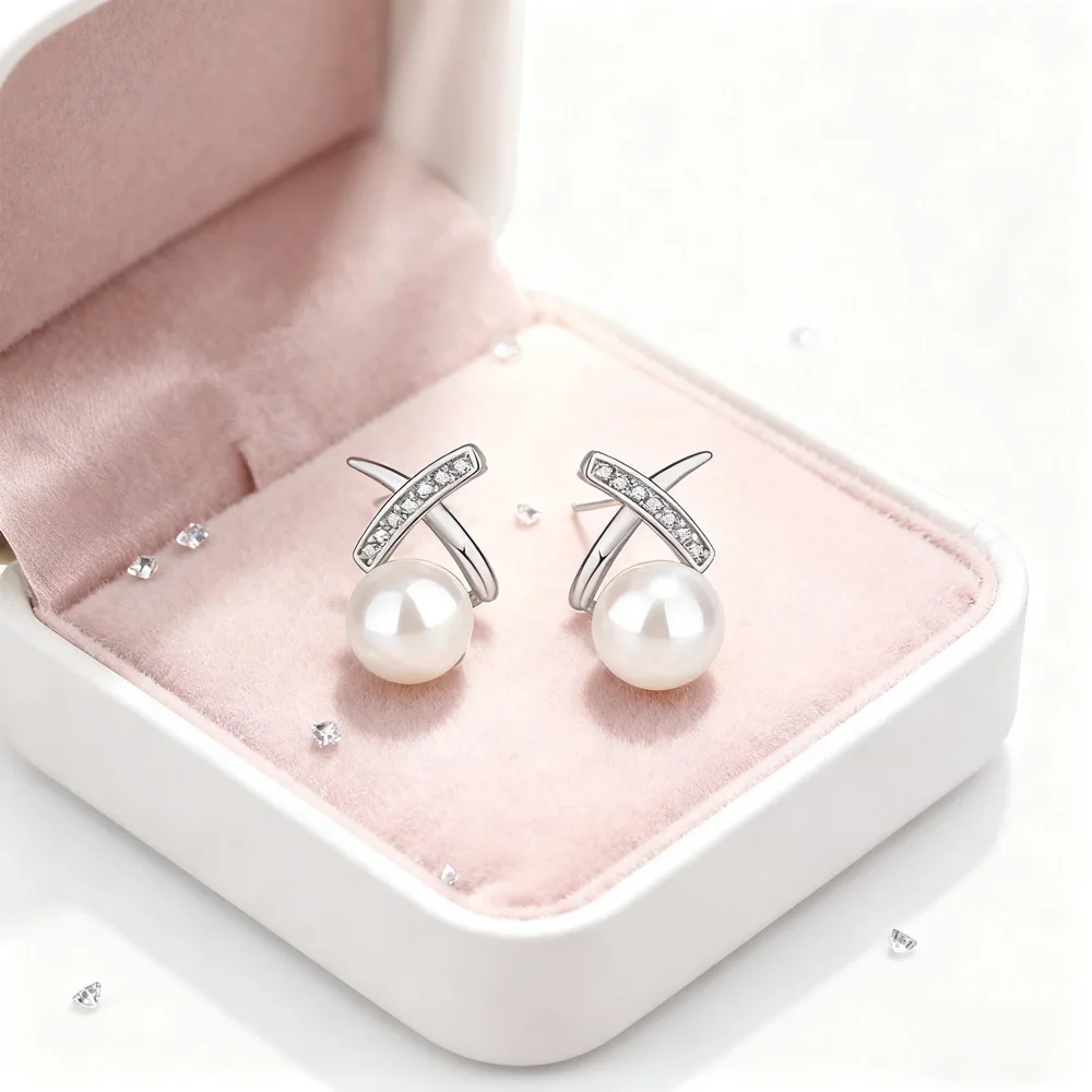 HENGSHENG 6-7mm Bread Round Natural Freshwater Pearl Earrings Jewelry Gift X Letters Zircon Stud Earrings for Women Girls